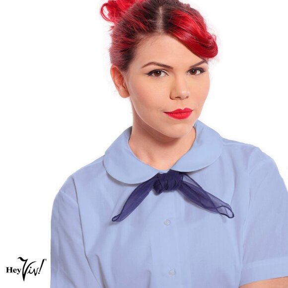 Hey Viv! Tops - Blue Peter Pan Collar, Button Up, Short Sleeve Blouse - Poly Cotton - Adult M